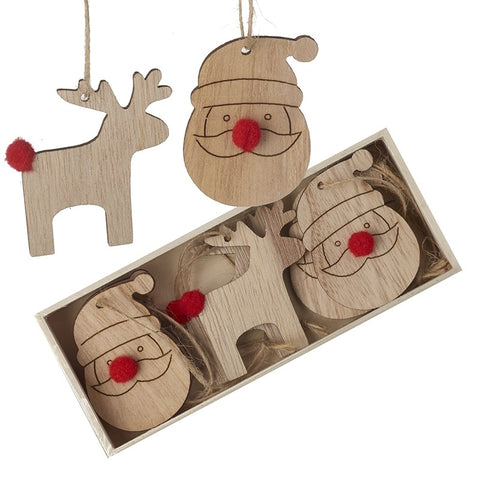 Wooden Santa & Deer Set With Pom Poms