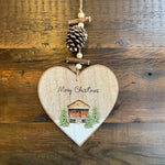 Merry Christmas Log Cabin Wooden Heart Hanging Decoration