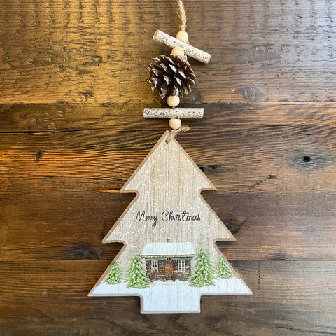 Merry Christmas Log Cabin Wooden Tree Hanging Decoration