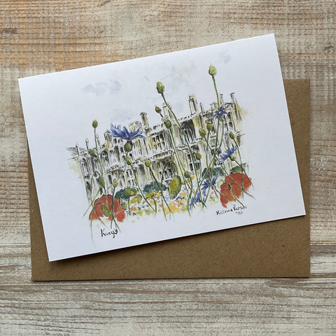 A6 Wilkes Building, King's College Cambridge Wildflower meadow greetings card